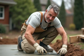 Ouvrier en train de lisser une dalle de béton fraîchement coulée pour une terrasse extérieure résidentielle