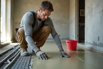Ouvrier en train de couler une chape liquide sur un plancher chauffant avec tuyaux PEX visibles