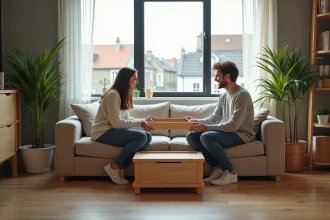Jeune couple assemble un meuble de rangement dans un appartement cosy