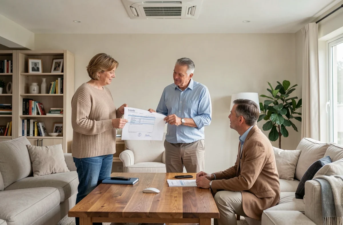 Couple discutant du devis d'installation d'une pompe à chaleur gainable avec un conseiller commercial à domicile