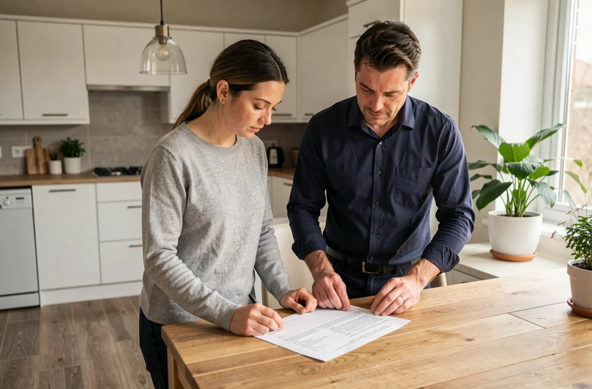 Couple examinant un devis pour l'installation d'une pompe à chaleur avec plancher chauffant dans leur maison