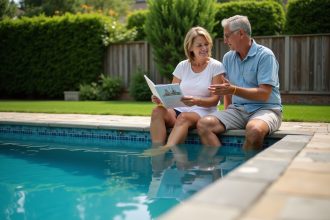 Couple regardant une piscine moderne dans leur jardin