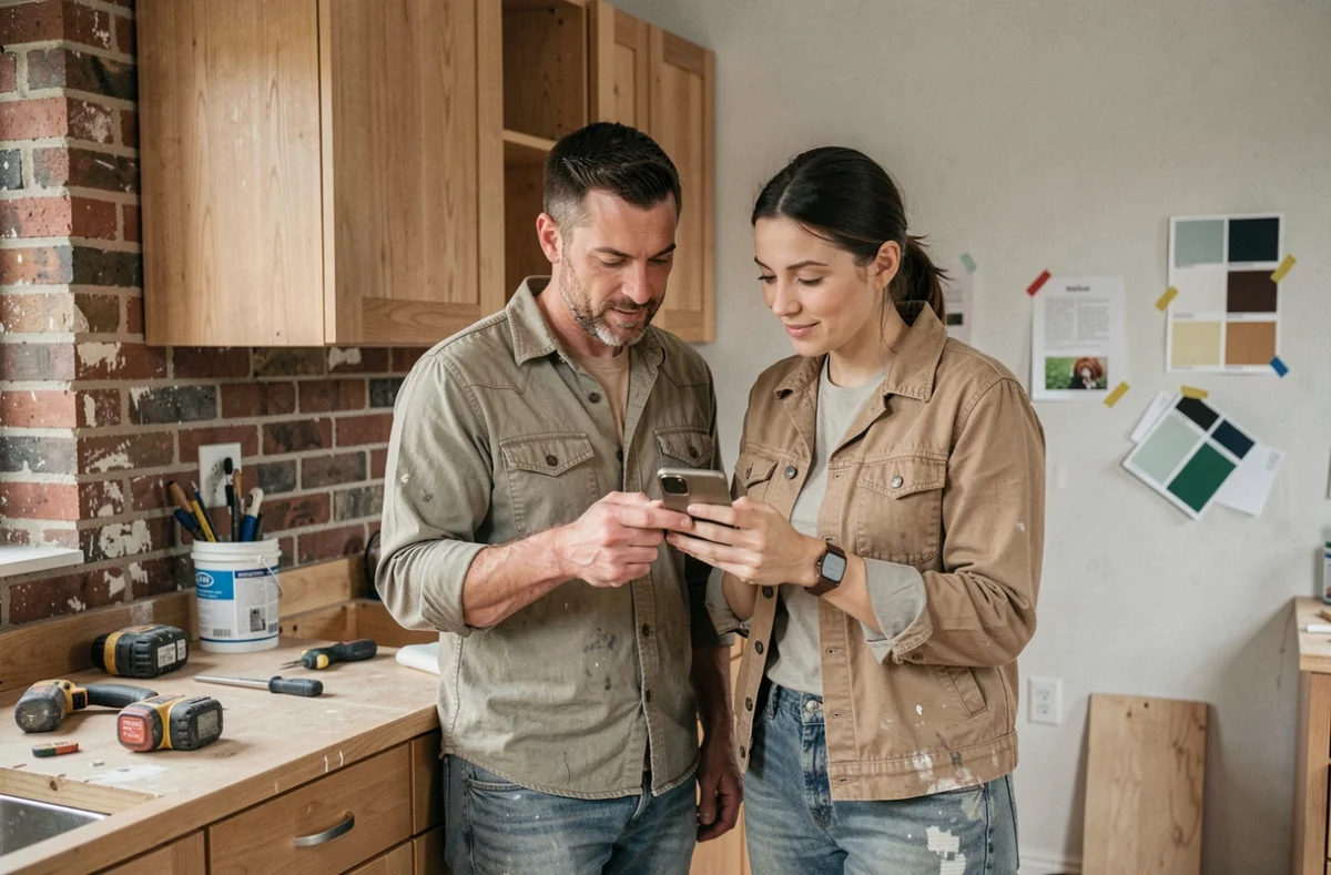 Couple consultant des conseils de rénovation sur smartphone dans une cuisine en cours de travaux