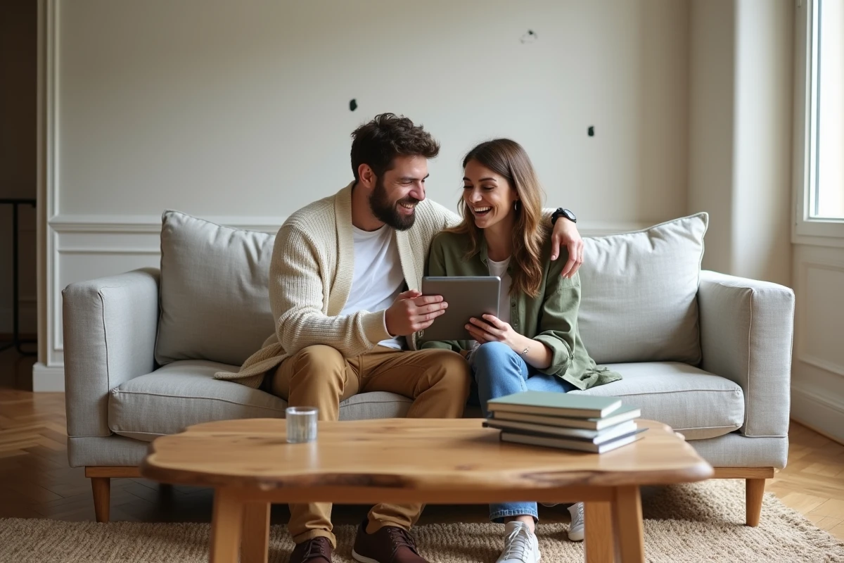 Couple découvrant ensemble les résultats d'un test de style déco sur tablette dans leur salon en cours d'aménagement