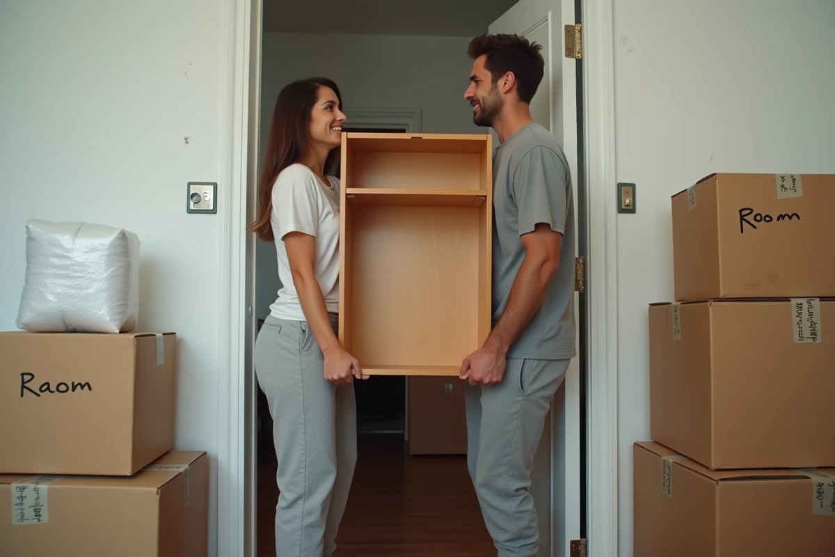 Couple portant un meuble lors d'un déménagement dans un couloir d'appartement encombré de cartons