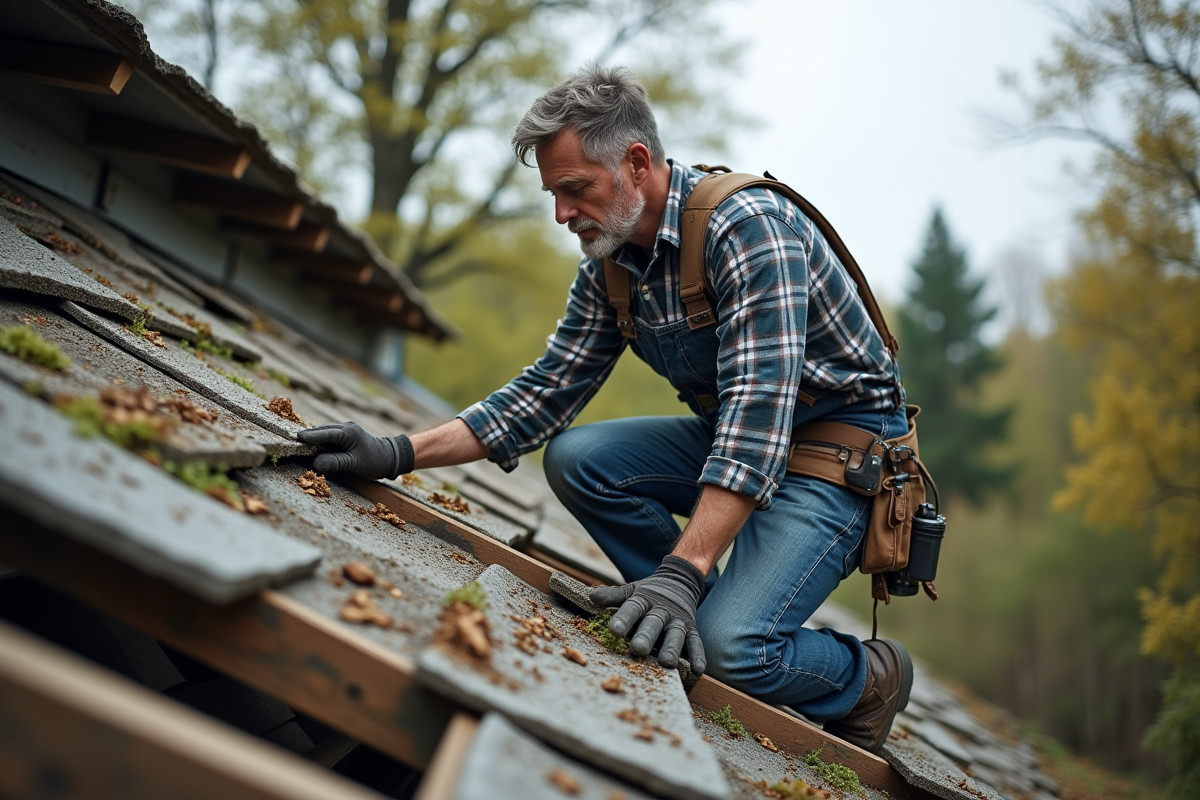Ouvrier de toiture examinant des tuiles anciennes sur un toit
