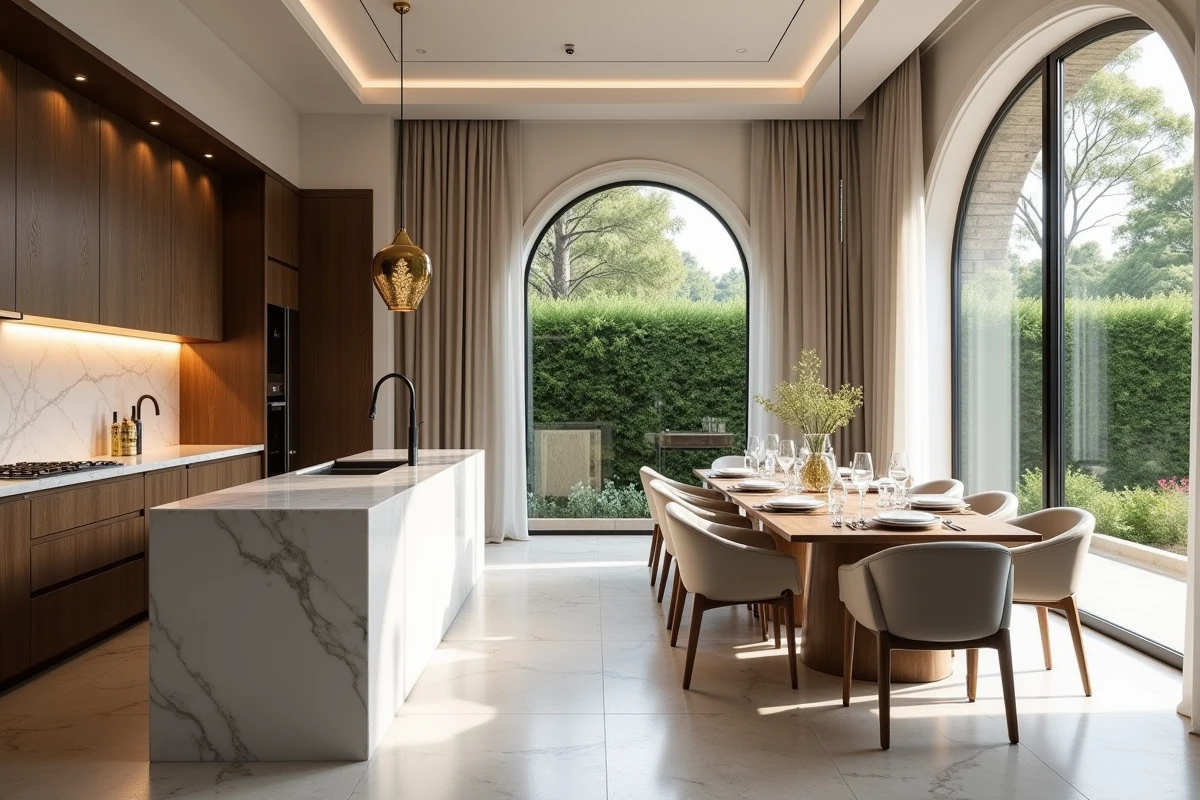 Cuisine et salle à manger ouvertes de luxe avec carreaux zellige, comptoirs en marbre et menuiserie en chêne fumé pour un intérieur haut de gamme en 2026