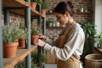 Femme arrangeant des plantes et objets recyclés sur une étagère en bois récupéré pour une décoration écologique et durable