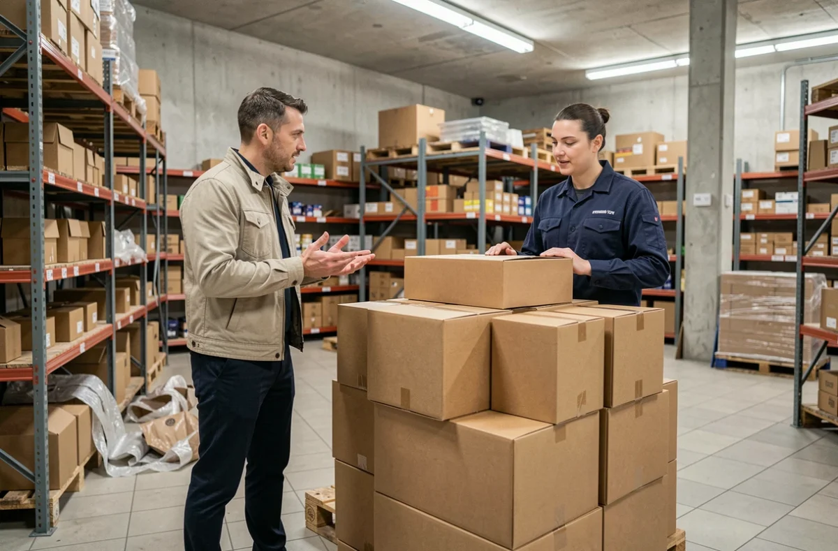 Homme demandant des cartons gratuits à un employé de supermarché pour son déménagement