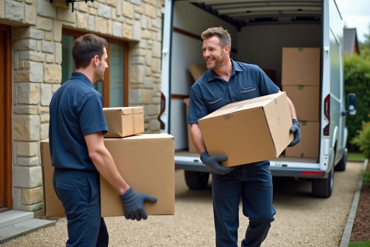 Deux déménageurs professionnels évacuant des meubles et cartons d'une maison lors d'un débarras gratuit