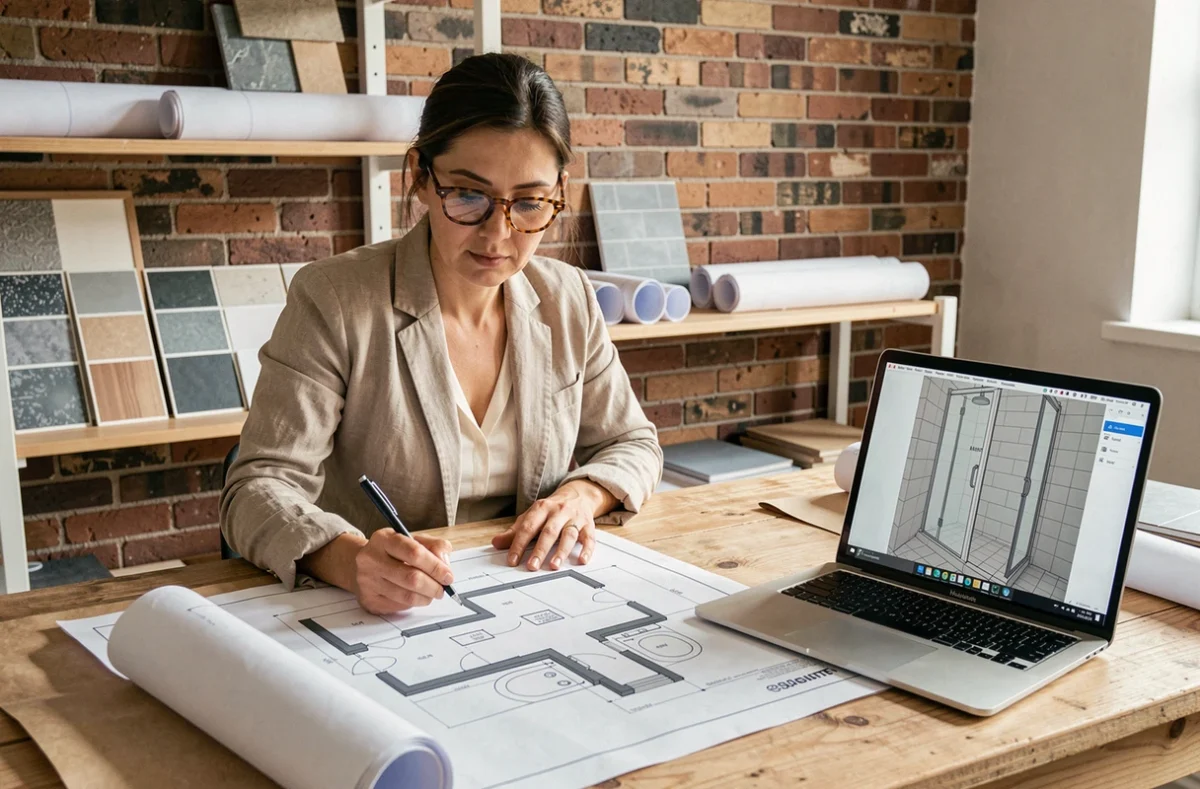Designer d'intérieur étudiant un plan 3D de salle de bain avec douche italienne posé sur un bureau de travail