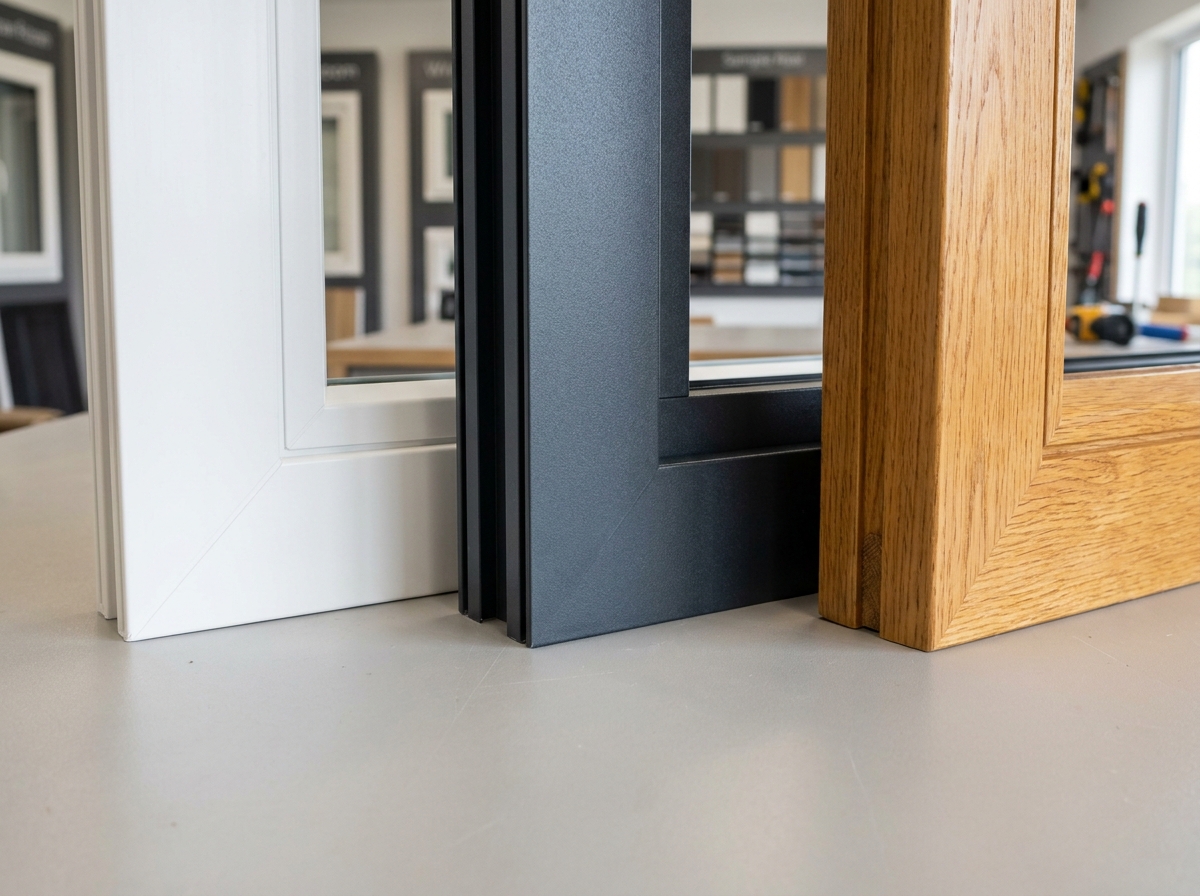 Gros plan sur trois angles de fenêtres en PVC blanc, aluminium gris anthracite et bois chêne posés côte à côte pour comparaison des matériaux