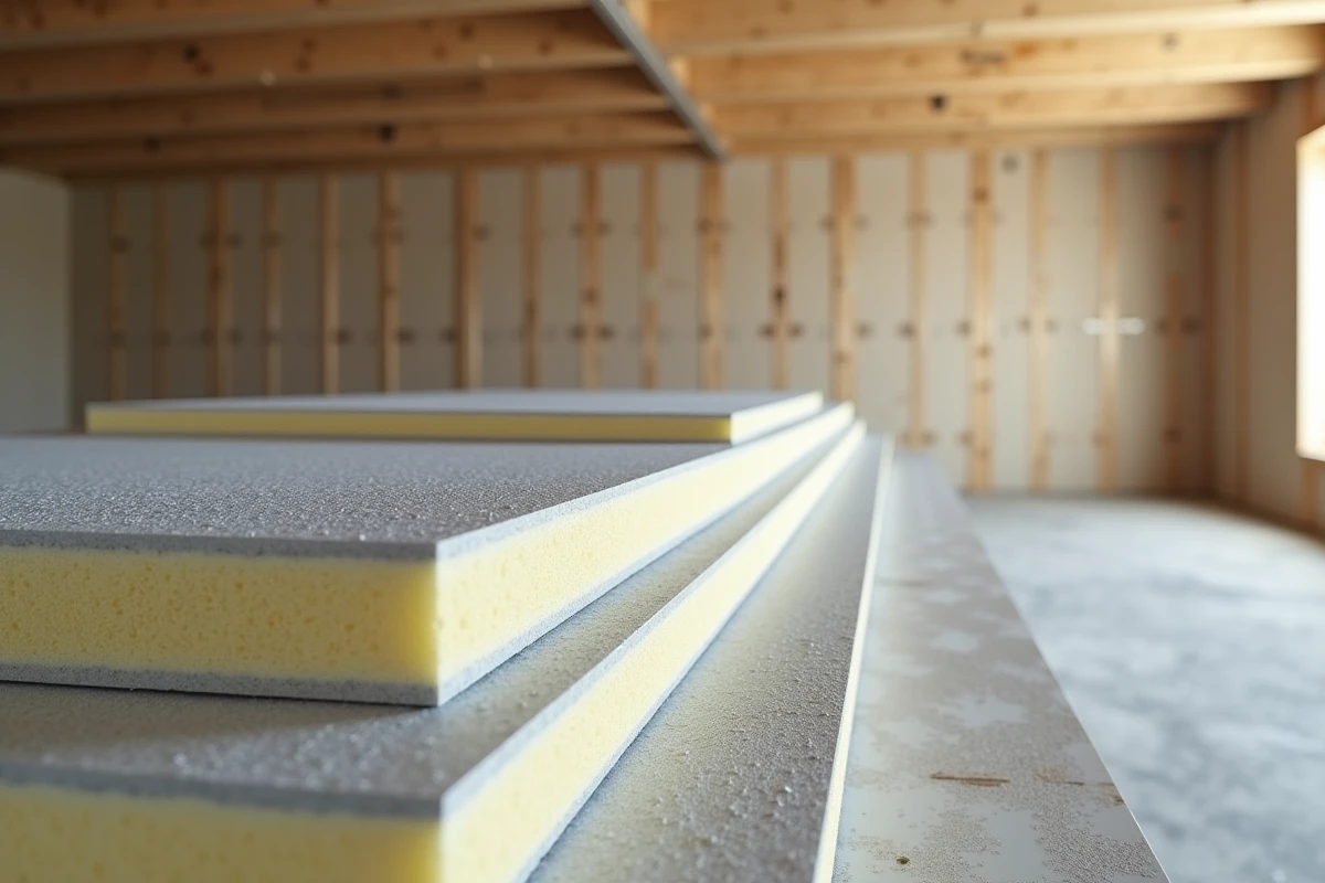 Gros plan sur la coupe transversale d'une plaque isolante thermique pour plafond montrant les couches de mousse et de feuille réfléchissante