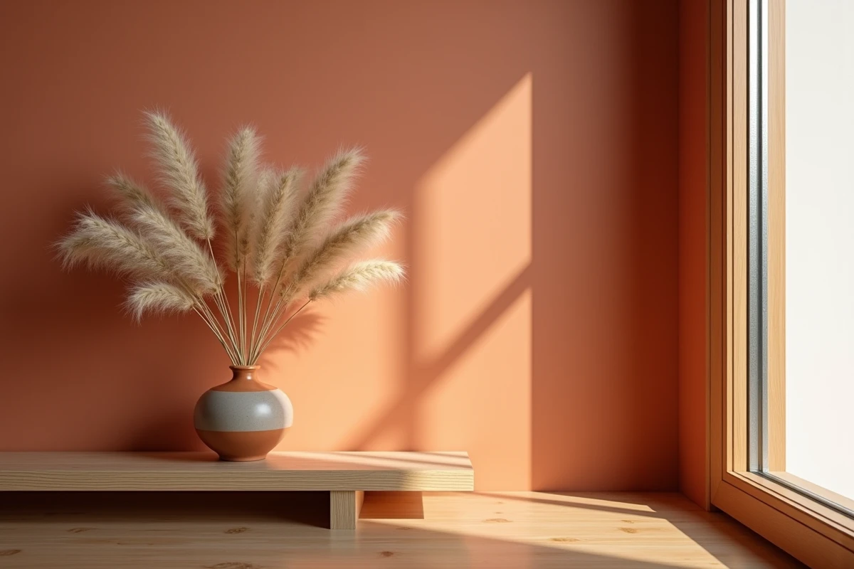 Détail d'un mur en terracotta mat avec vase en céramique et herbes séchées en lumière naturelle rasante