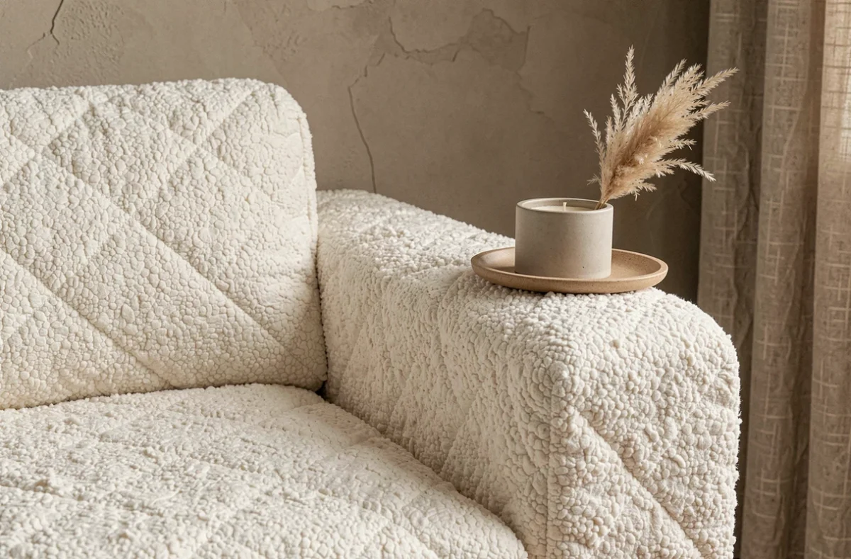 Détail texture boucle d'un canapé nuage blanc avec coussin moelleux et décoration minimaliste en céramique