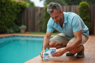 Homme mesurant la dose de chlore choc pour une piscine de jardin en m³