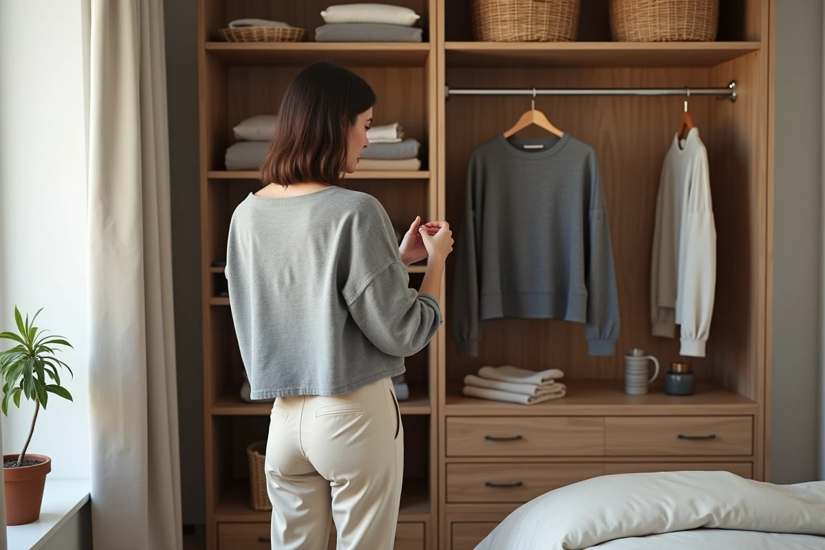 Femme se préparant dans le dressing intégré d'une petite suite parentale avec rangements organisés