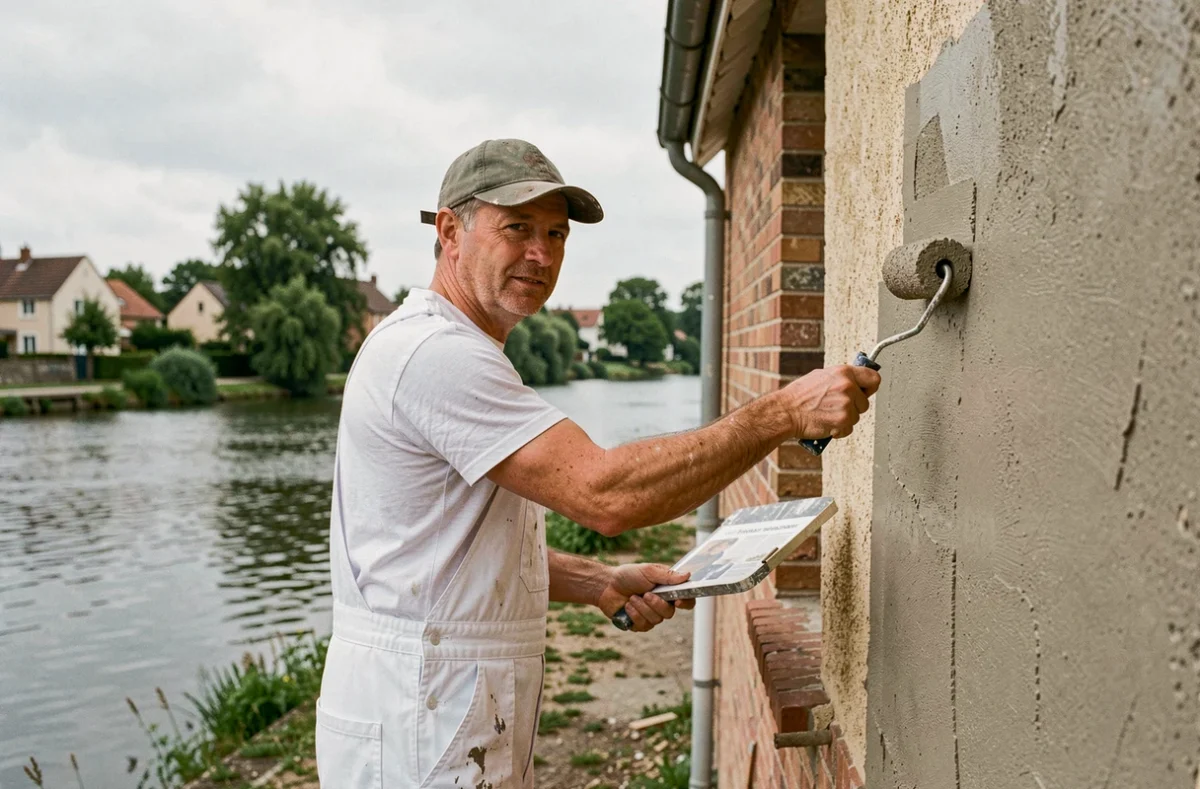 Peintre en bâtiment appliquant de la peinture extérieure sur une maison à Nogent-sur-Oise