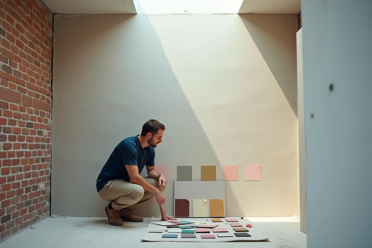 Homme comparant des échantillons de peinture contre un mur en plâtre brut sous une verrière