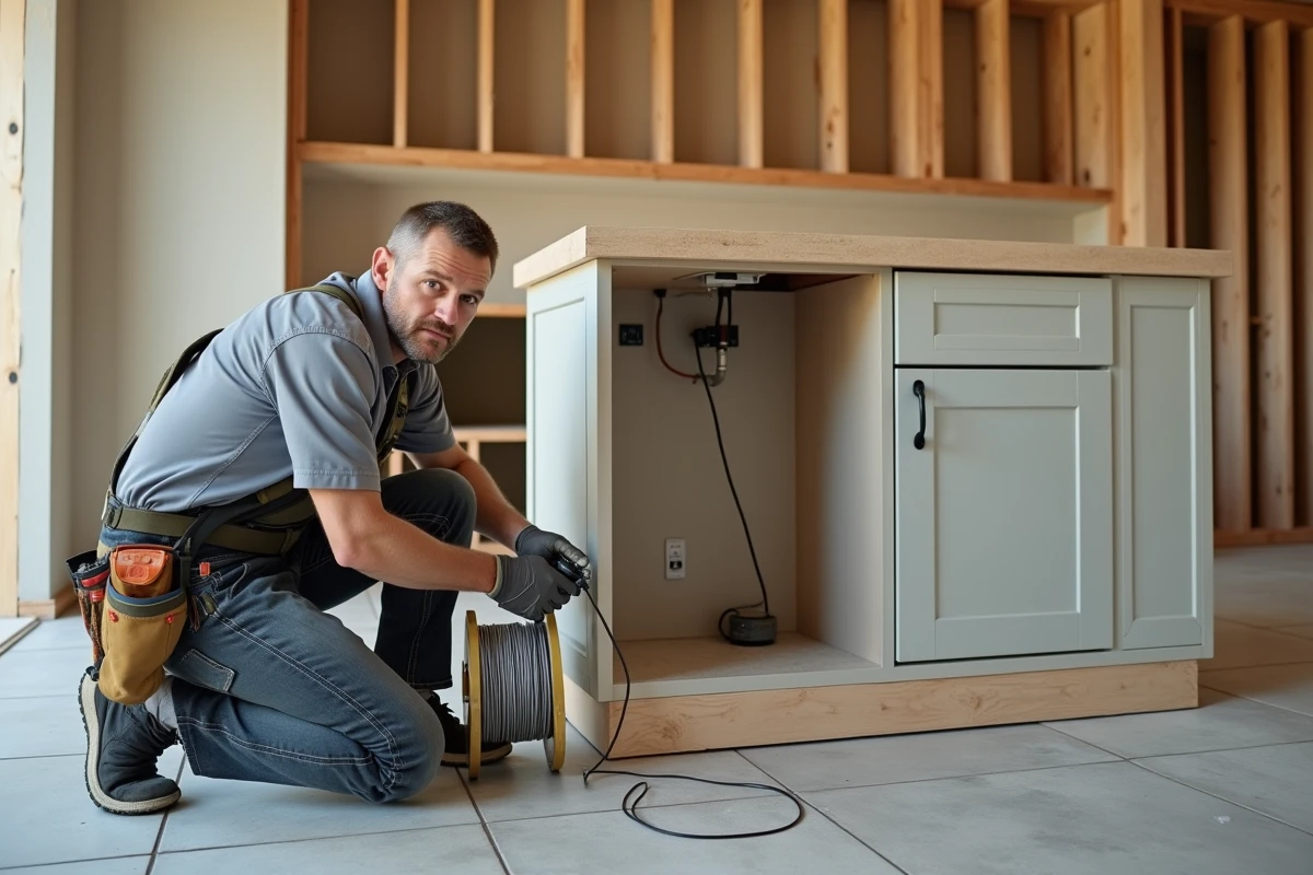 Électricien installant des câbles électriques dans un îlot de cuisine en cours de construction lors de travaux de rénovation
