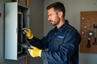 Électricien homme en uniforme examine un panneau électrique