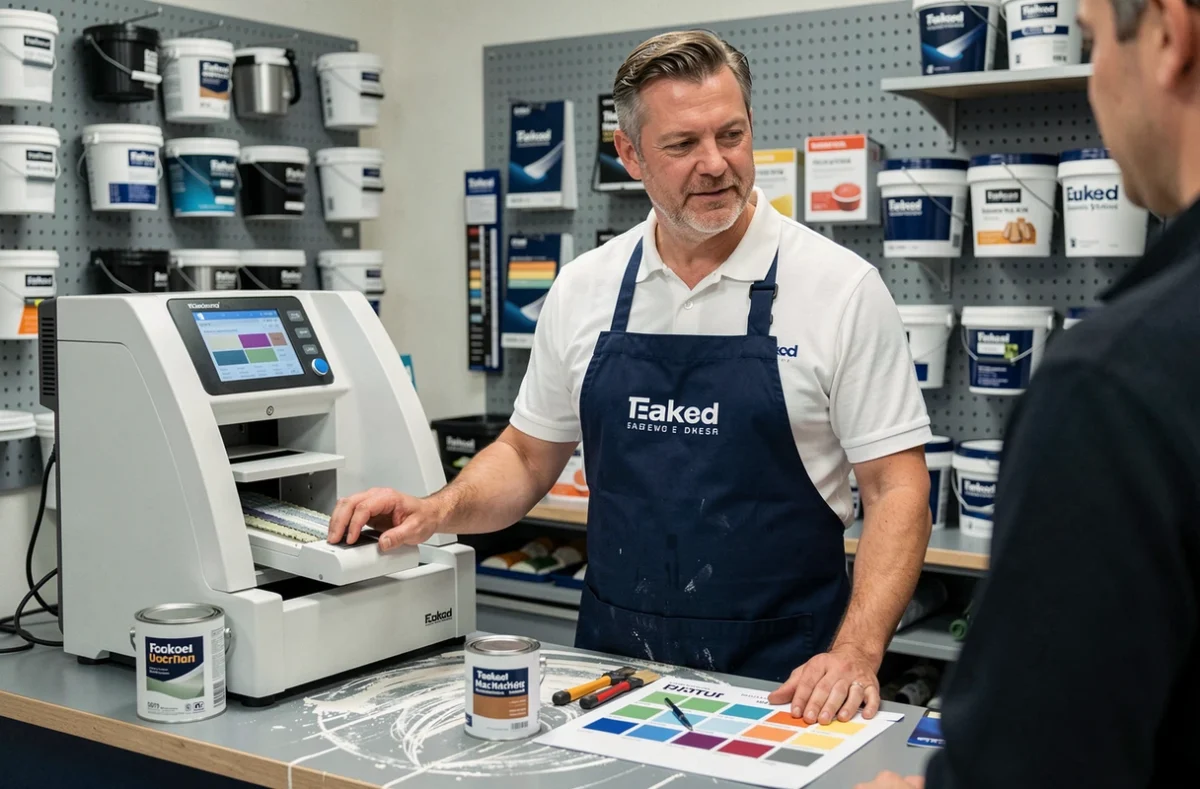 Employé de magasin de peinture utilisant une machine de teintage informatisée au comptoir d'un magasin spécialisé