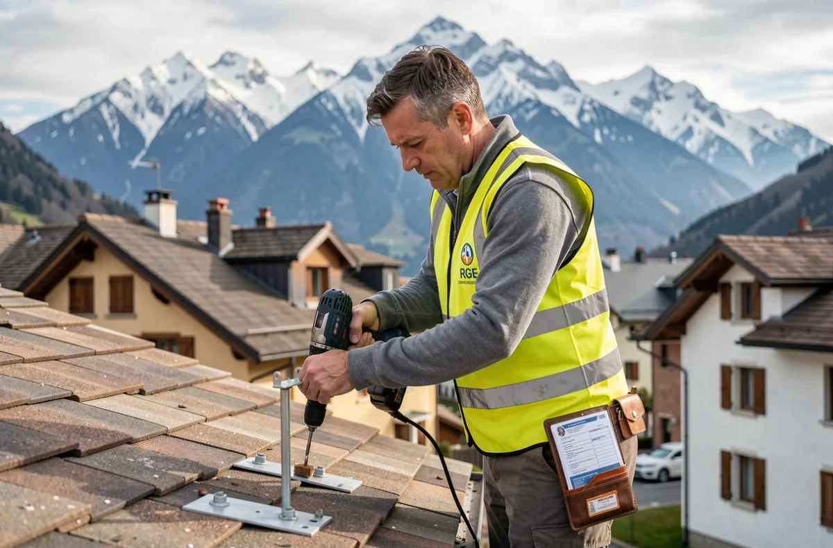 Installateur certifié RGE Energies Toitures posant des supports de montage sur un toit dans une ville alpine française