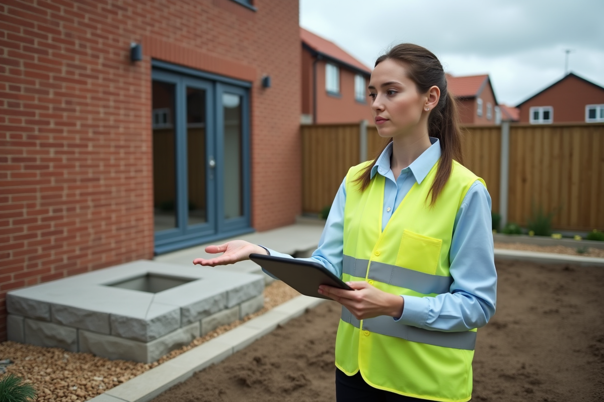 Jeune ingénieure vérifie fondation maison extérieure