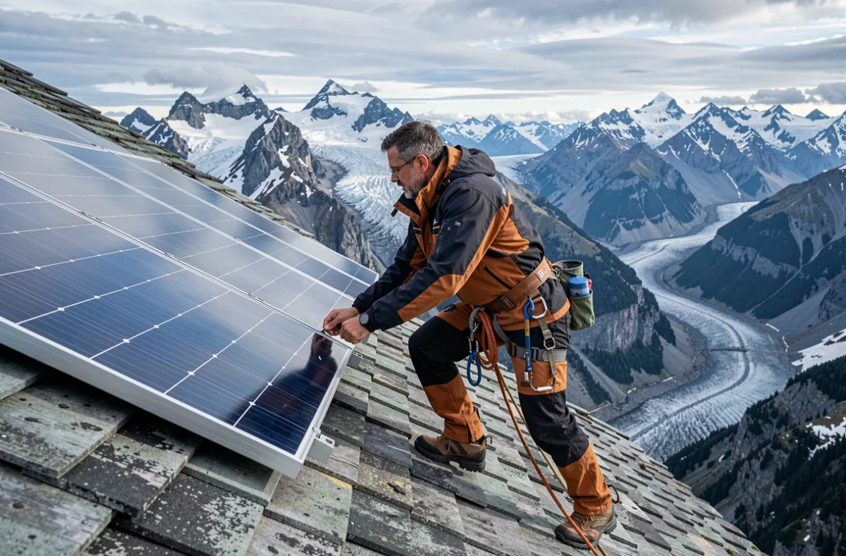 Technicien Ensol fixant des panneaux solaires sur un toit de chalet en haute altitude avec des sommets enneigés en arrière-plan