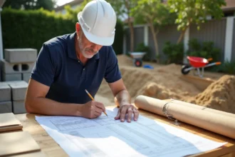 Entrepreneur en bâtiment analysant les plans et devis d'une construction de piscine dans un jardin en chantier