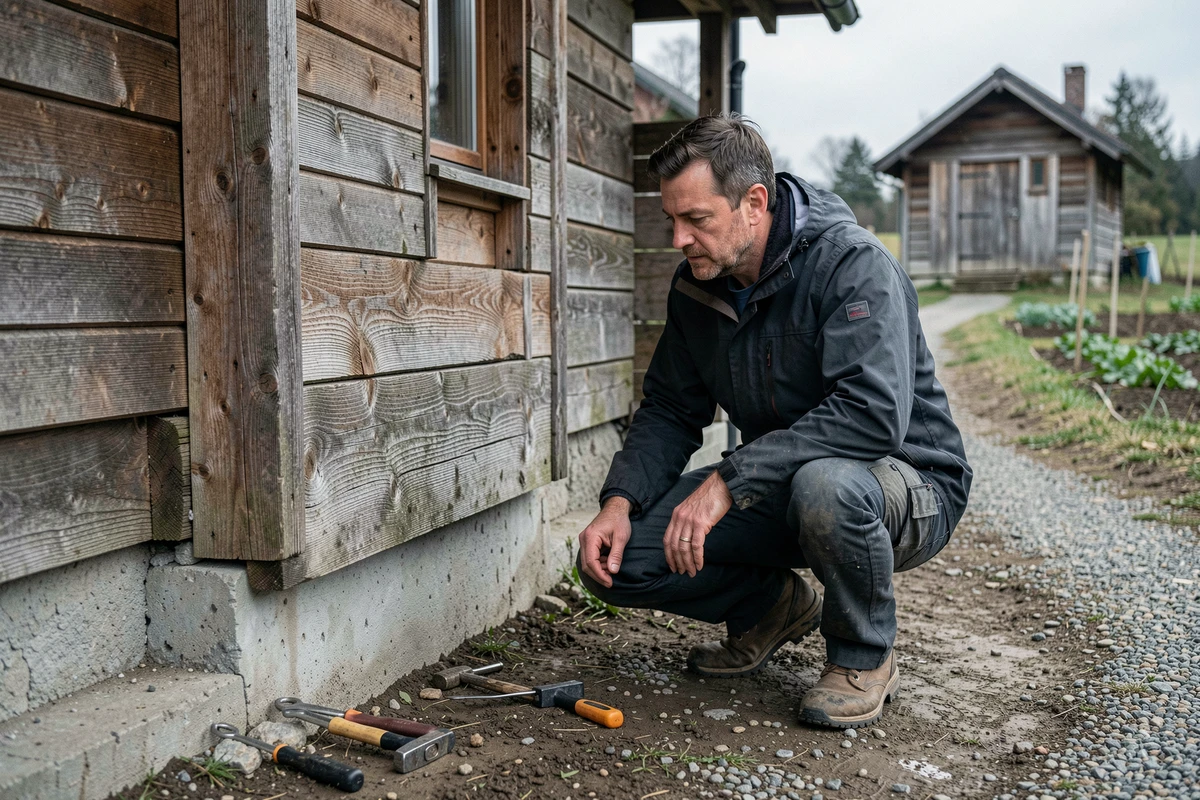 Homme inspectant la structure d'un chalet en bois habitable pour une résidence permanente