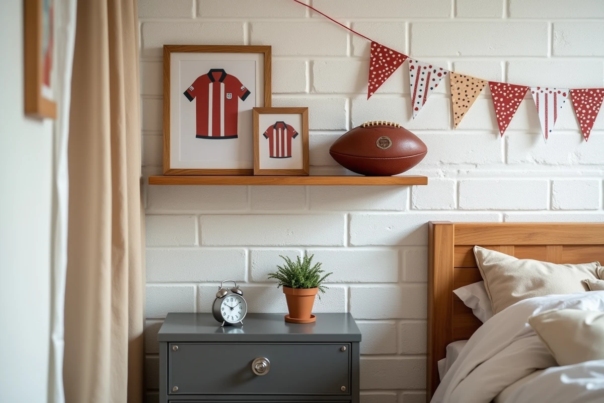 Étagère murale décorée sur le thème du football avec ballon en cuir, cadres de maillots et guirlande de fanions dans une chambre d'enfant
