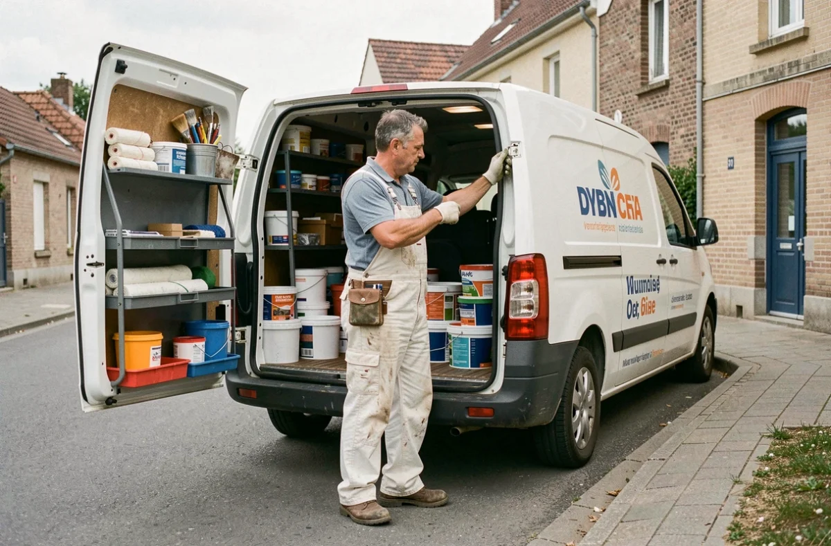 Entrepreneur en peinture chargeant du matériel depuis son véhicule de travail à Creil