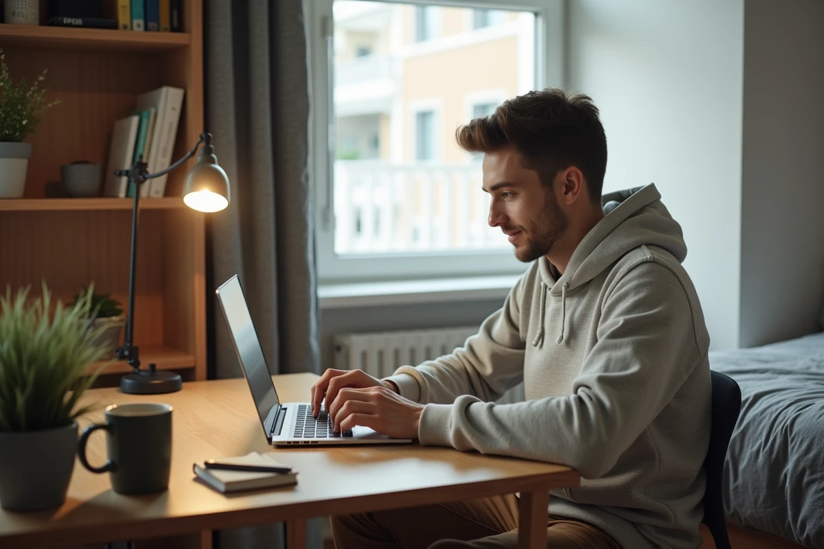 Étudiant comparant des offres d'assurance habitation sur ordinateur dans sa chambre universitaire