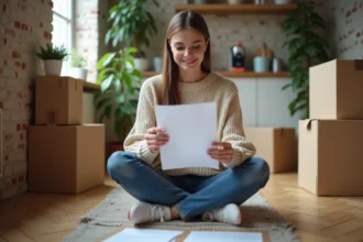Étudiante consultant son contrat d'assurance habitation MACIF dans un petit appartement