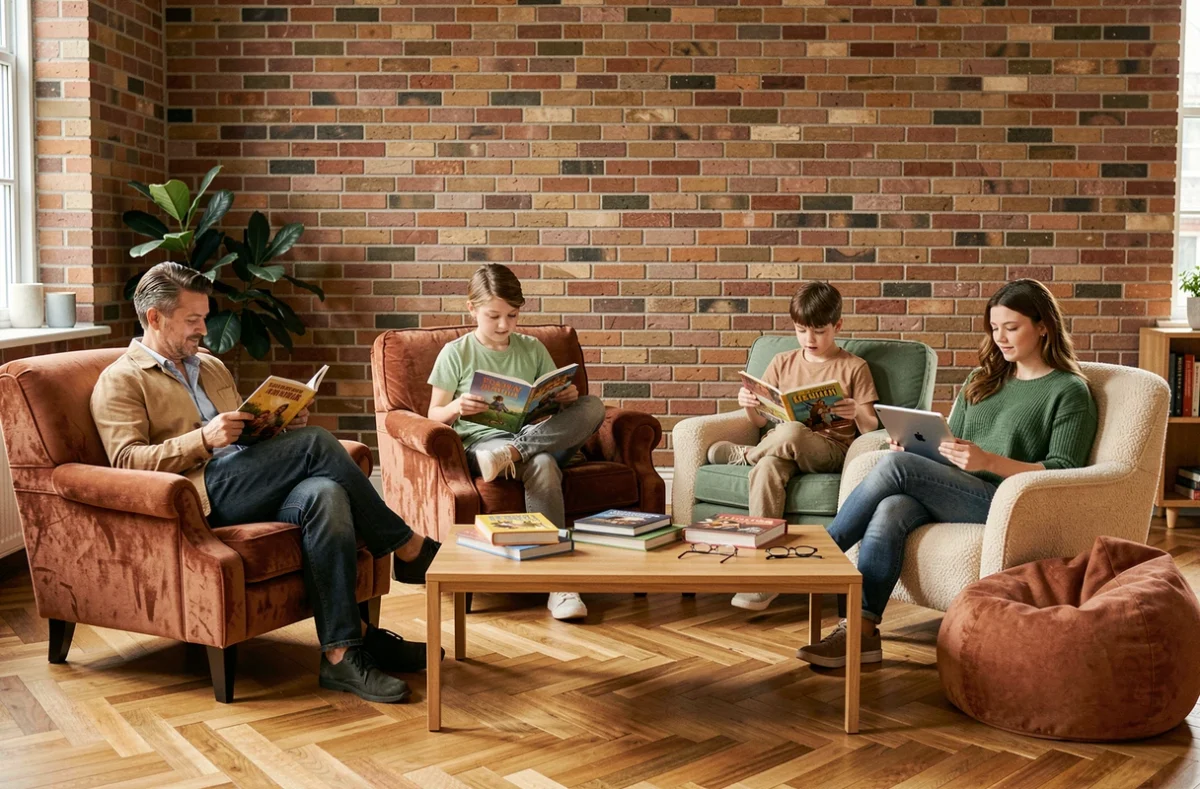 Famille de quatre personnes lisant chacun dans son propre fauteuil de lecture dans un salon décoré avec différents styles de sièges