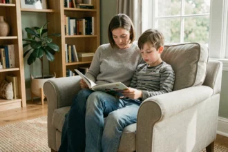 Mère et fils lisant ensemble dans un grand fauteuil de lecture confortable près d'une fenêtre, dans un salon familial chaleureux