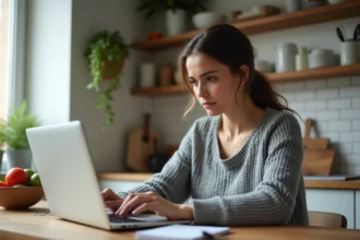 Femme consultant son panier d'achats en ligne sur un ordinateur portable dans une cuisine moderne, cherchant à contrôler son budget courses sur Carrefour en ligne