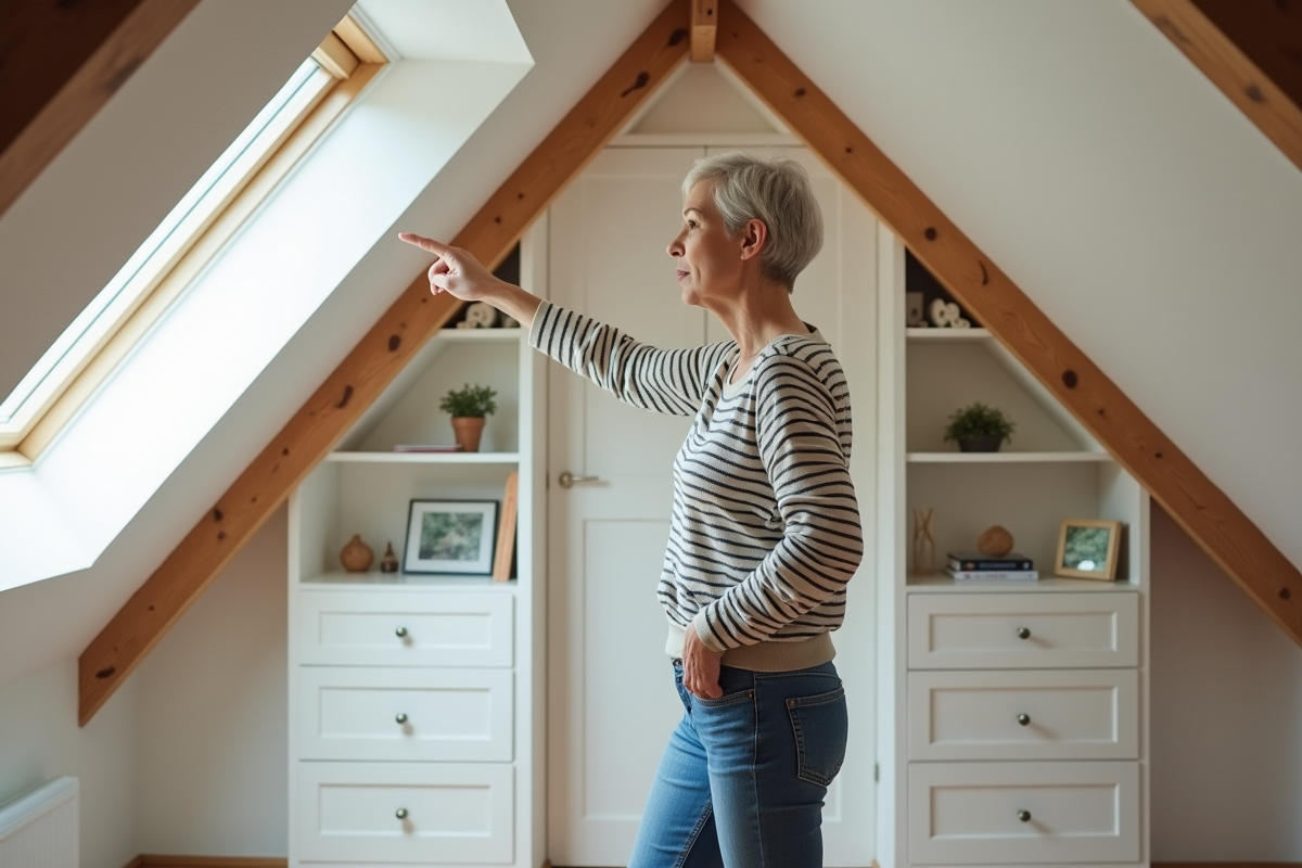 Femme d'âge moyen dans un grenier rénové pointant vers des rangements