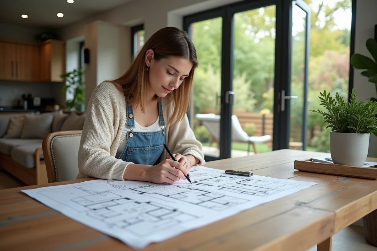 Jeune femme examine des plans architecturaux dans un salon lumineux