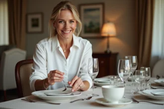 Femme souriante arrangeant la vaisselle élégante sur une table