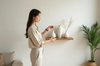 Jeune femme arrangeant des vases en céramique dans un salon minimaliste
