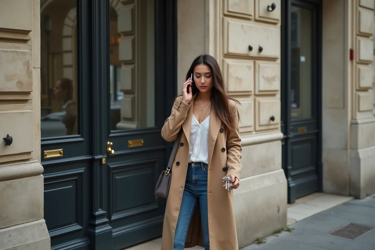 Jeune femme avec clés devant un bâtiment parisien humide