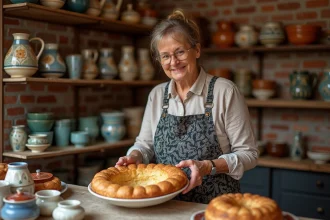 Femme alsacienne souriante arrangeant un kougelhopf dans une poterie
