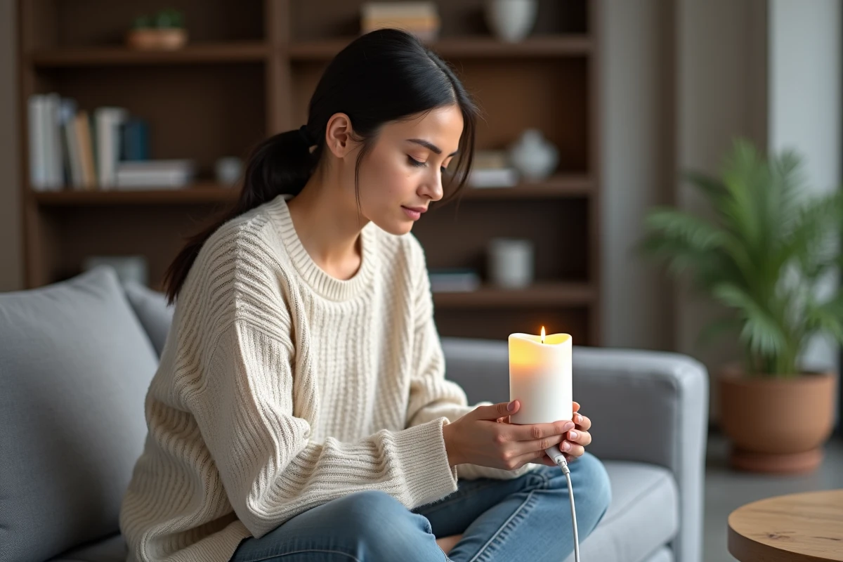 Femme tenant une bougie LED rechargeable avec câble USB dans un salon moderne parisien