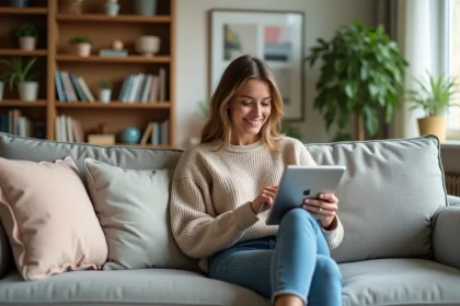 Femme souriante sur un canapé dans un salon lumineux