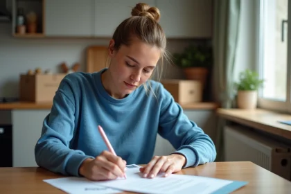 Femme remplissant un formulaire de changement d'adresse dans une cuisine