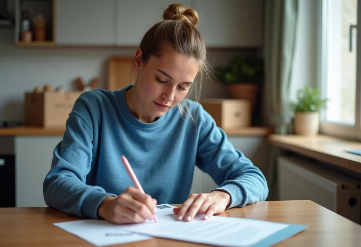 Femme remplissant un formulaire de changement d'adresse dans une cuisine