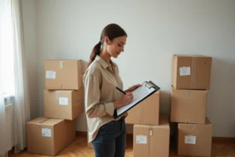 Femme organisant ses cartons de déménagement avec une checklist imprimée dans un appartement vide