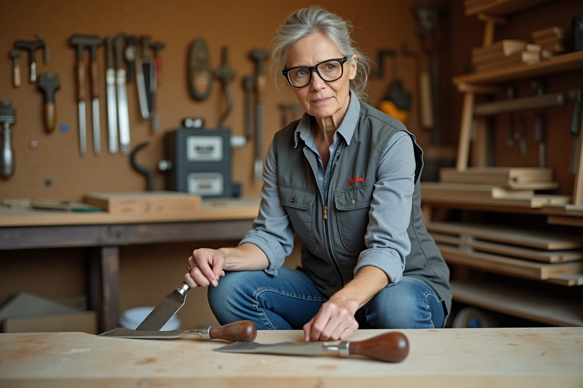 Femme comparant deux ciseaux Erbauer sur un établi dans un atelier de bricolage maison, évaluant la qualité des outils de la marque